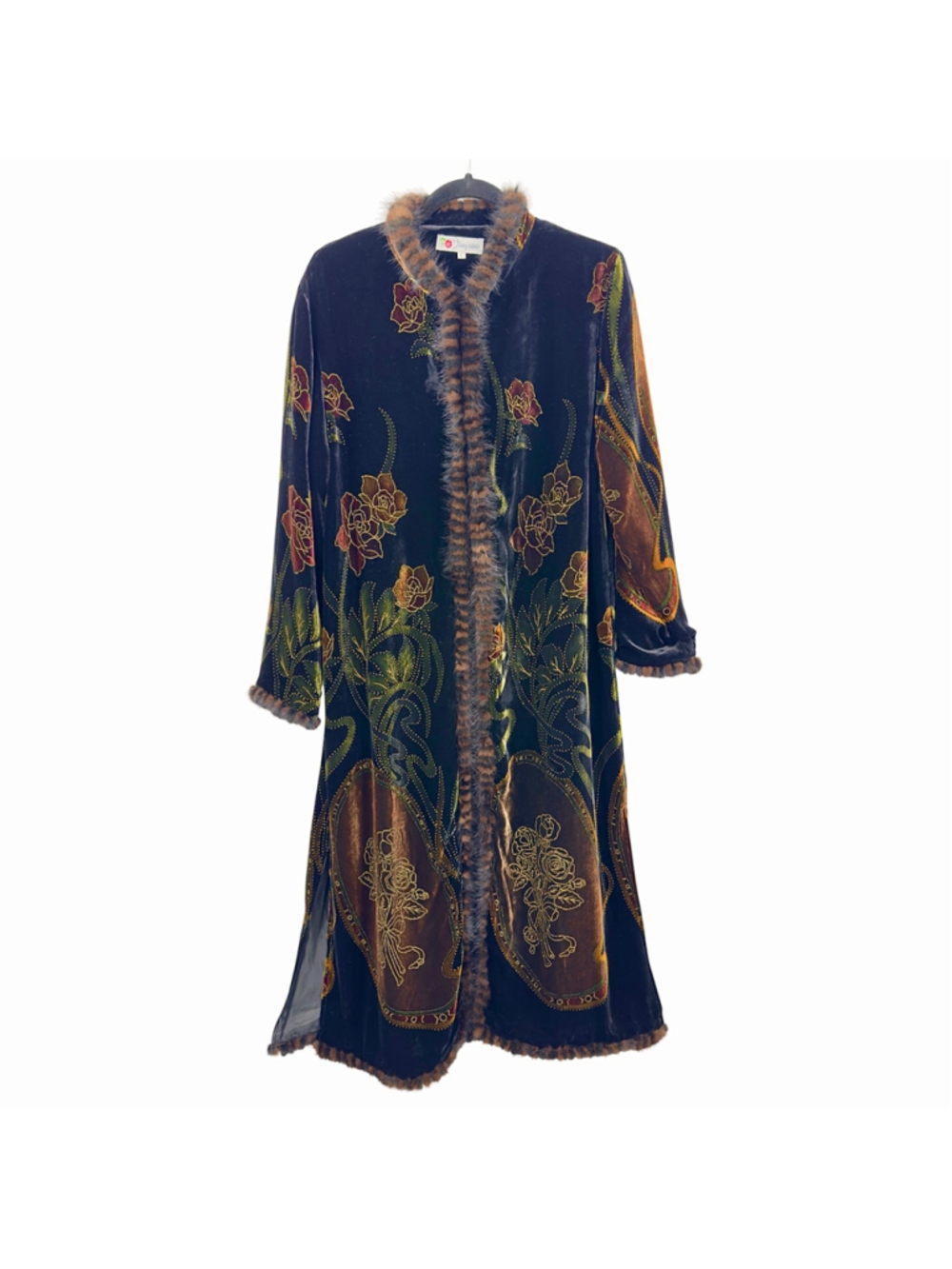 Vintage Asian Maxi Kimono Duster Silk Blend Velvet Faux Fur Trim Boho Floral Vtg